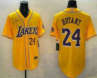 Men%27s Los Angeles Lakers #24 Kobe Bryant Number Yellow Purple With Patch Cool Base Stitched Baseball Jersey